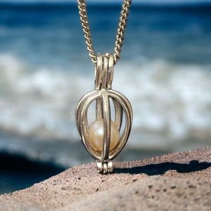 Wish Cultured Pearl in Oyster Necklace Set Silver-tone Heart Cage Locket